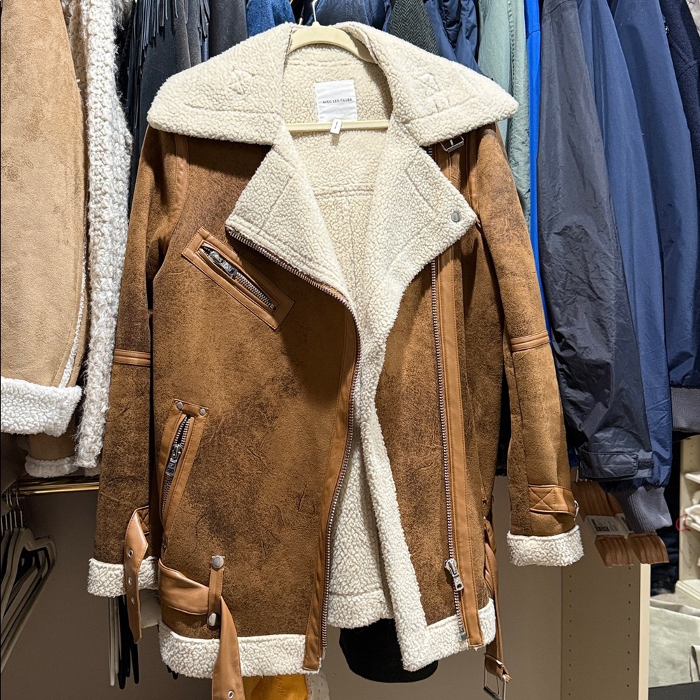 Avec Les Filles Jacket Moto Biker Faux Shearling Brown Suede